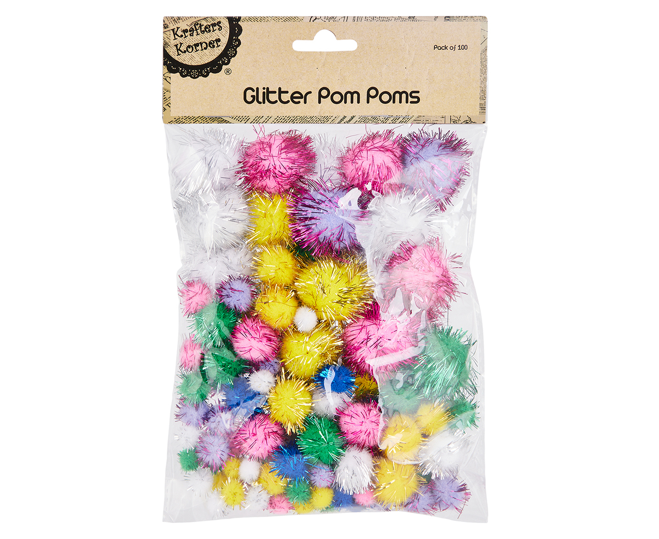 Glitter PomPoms 20x3cm + 80 x 2, 1.5 & 1cm Pkt 100